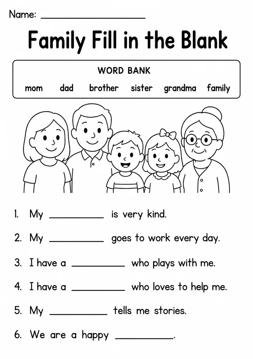 Family fill in the blank worksheet for Grade 1