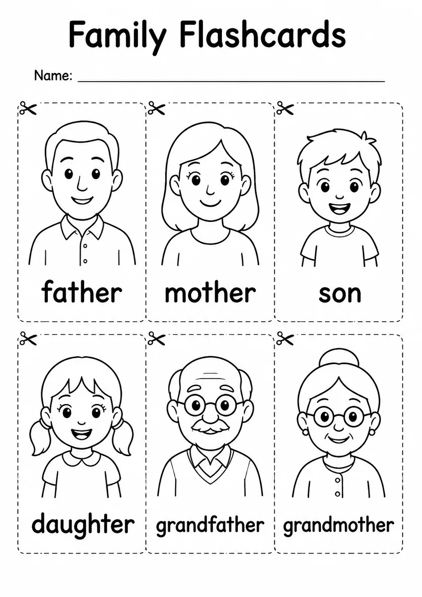 Family flashcards worksheet for Grade 1