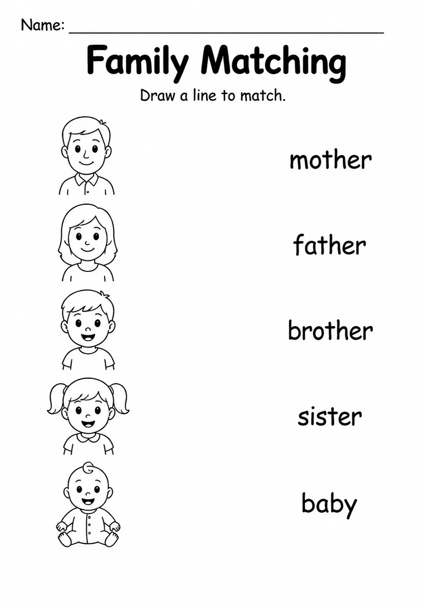 Family matching worksheet for Grade 1