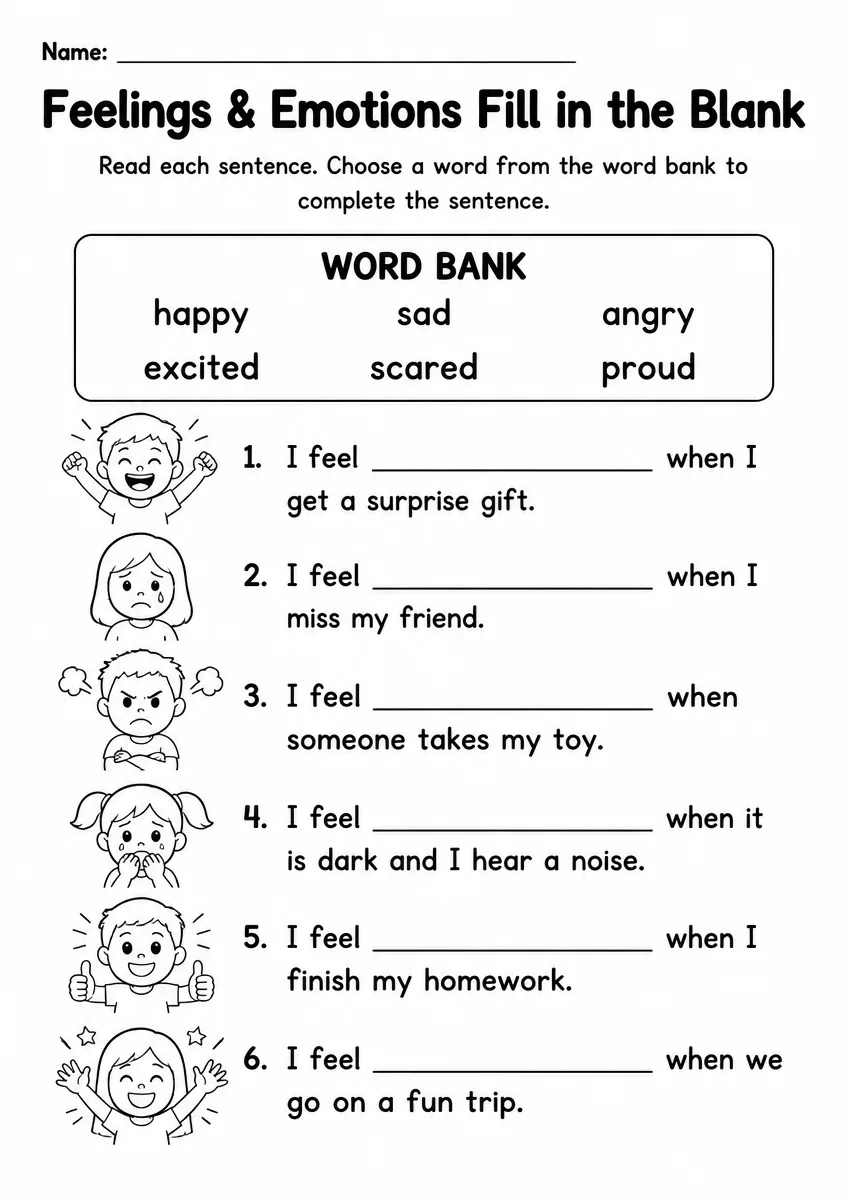 Feelings & Emotions fill in the blank worksheet for Grade 3