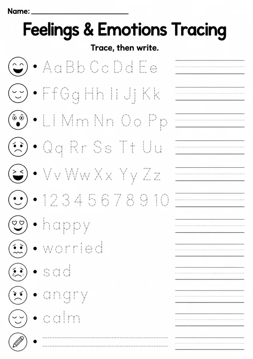 Feelings & Emotions tracing worksheet for Grade 3
