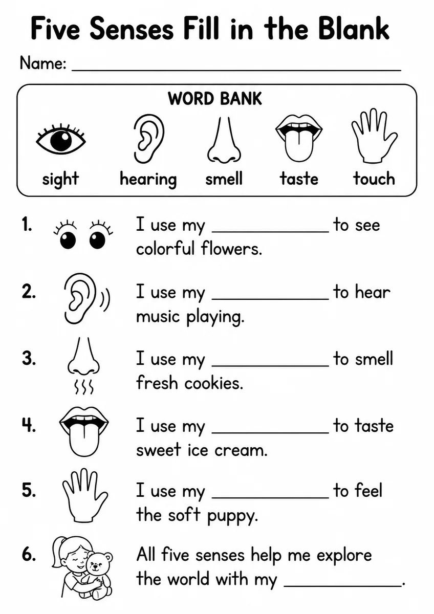 Five Senses fill in the blank worksheet for Grade 2