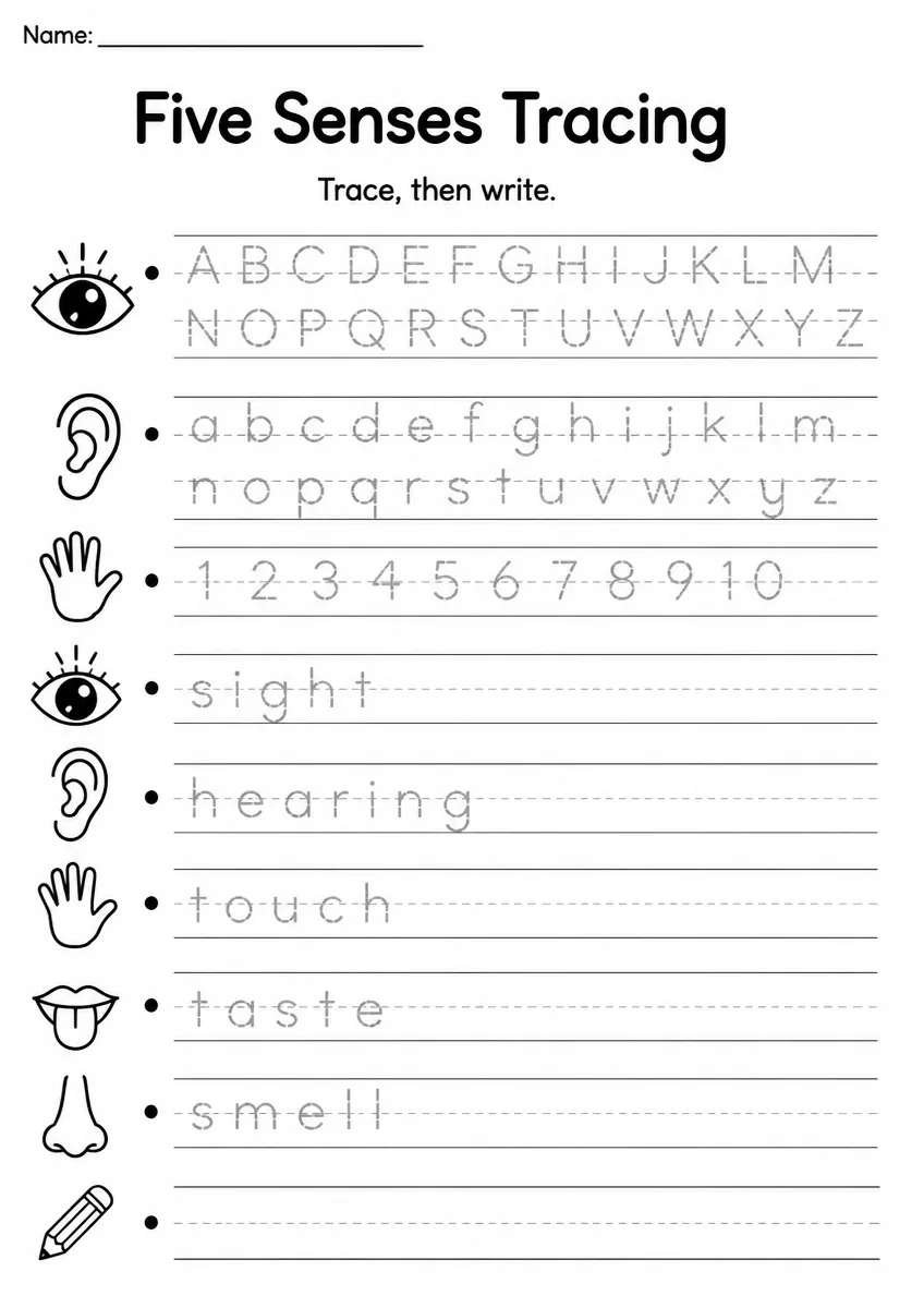 Five Senses tracing worksheet for Grade 2