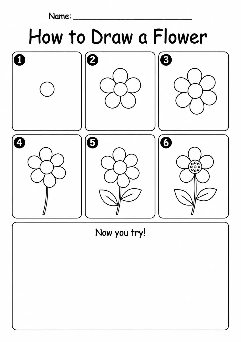 Flower step-by-step drawing worksheet for Grade 3