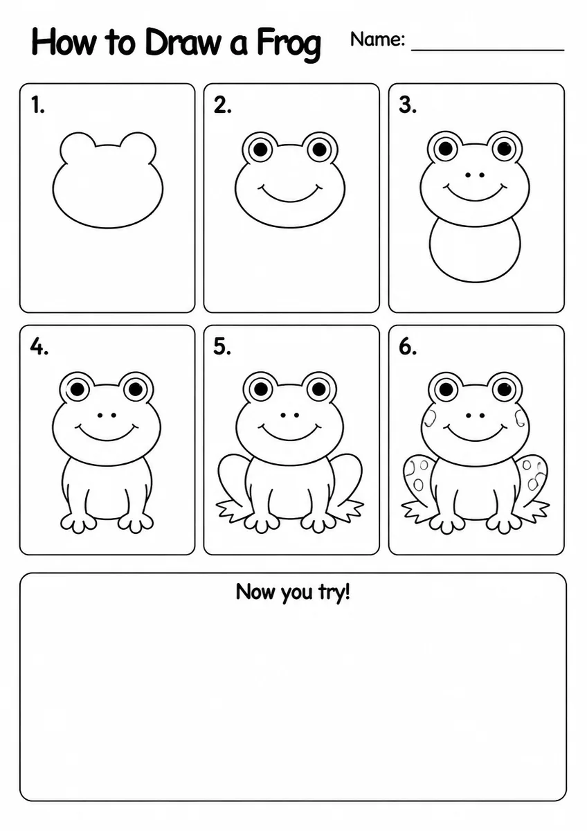 Frog step-by-step drawing worksheet for Grade 1