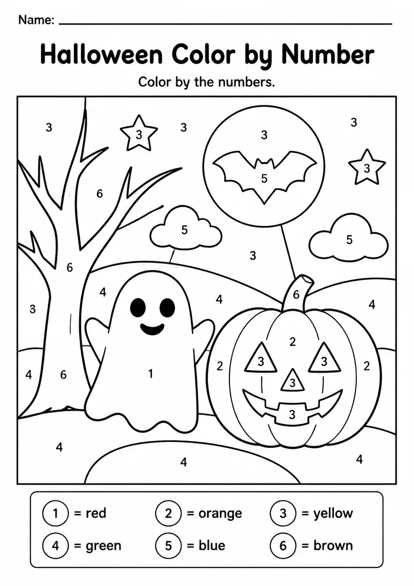 Halloween color by number worksheet for Grade 1