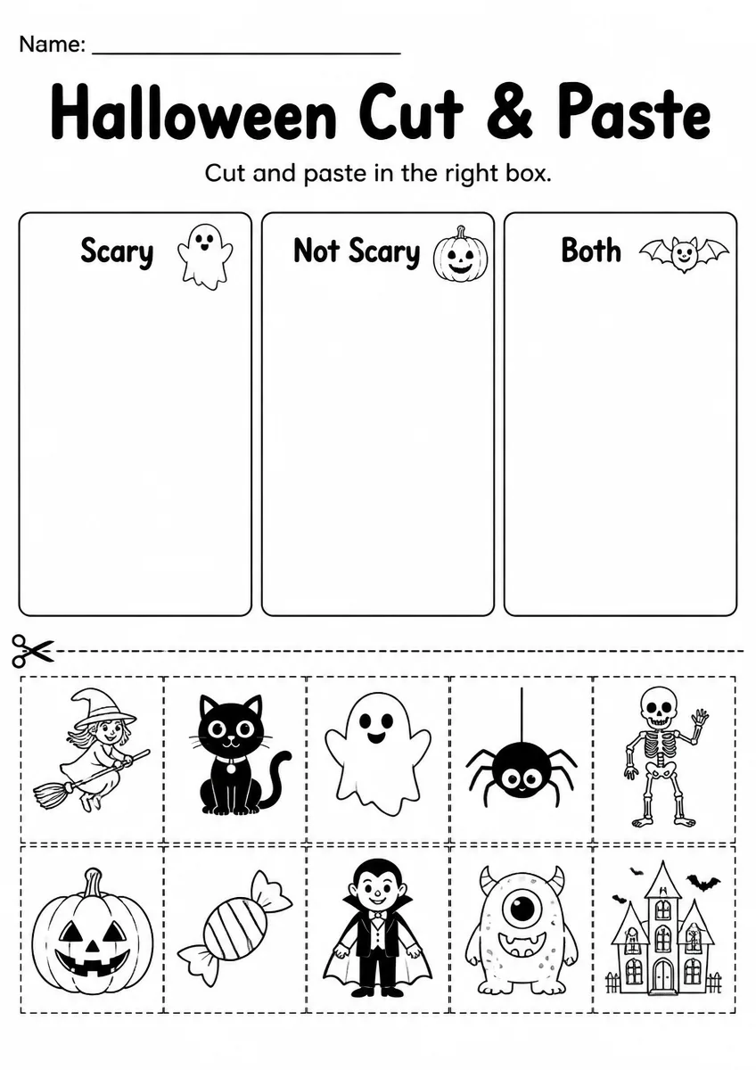 Halloween cut & paste worksheet for Grade 3