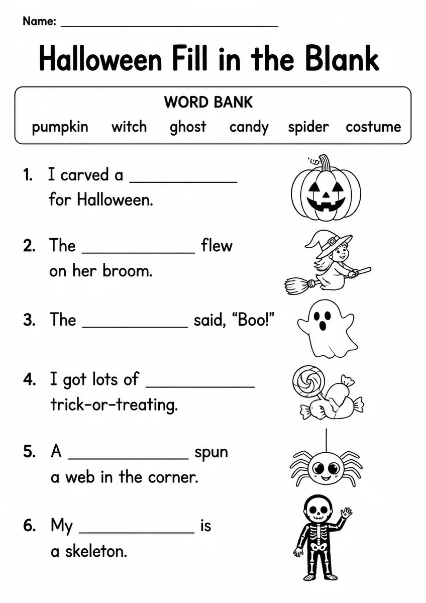 Halloween fill in the blank worksheet for Grade 3