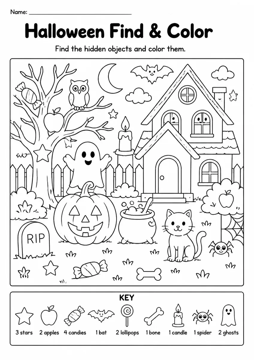 Halloween find & color worksheet for Grade 1