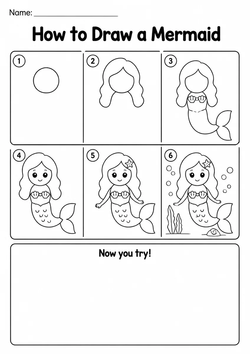 Mermaid step-by-step drawing worksheet for Grade 1