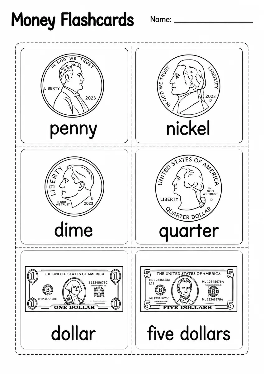 Money flashcards worksheet for Grade 2