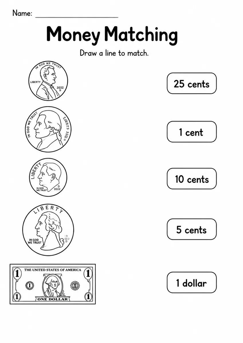 Money matching worksheet for Grade 2