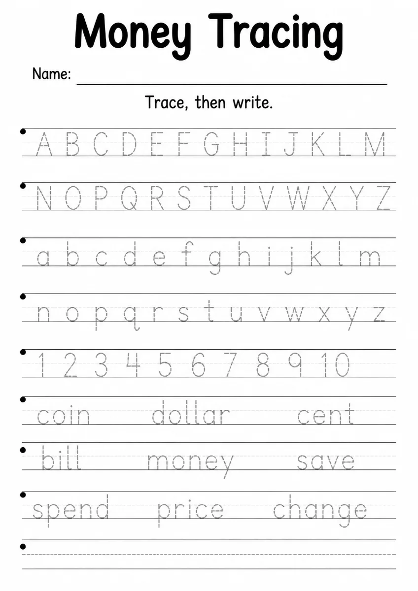 Money tracing worksheet for Grade 2