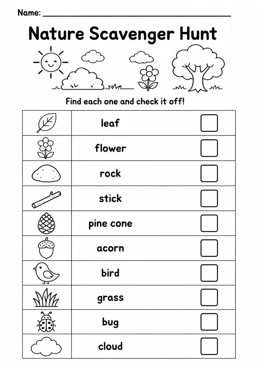 Nature scavenger hunt worksheet for Kindergarten