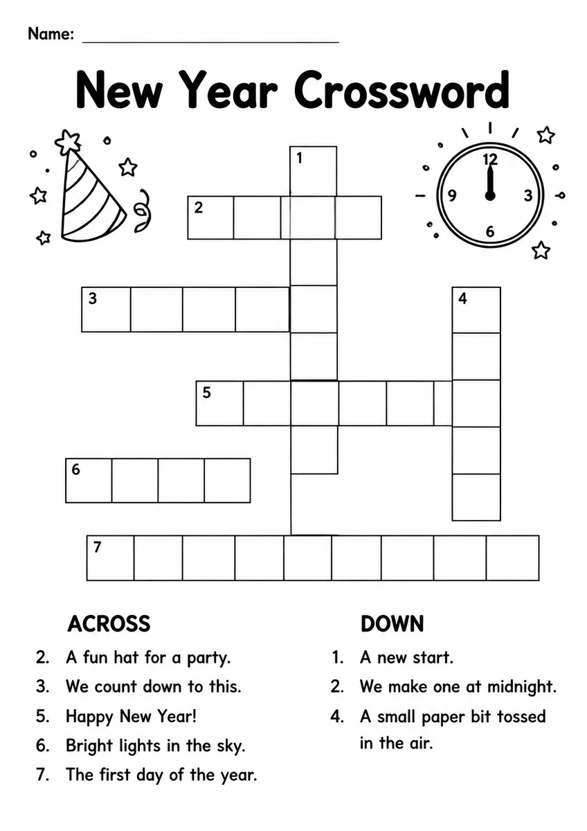 New Year crossword worksheet for Grade 1