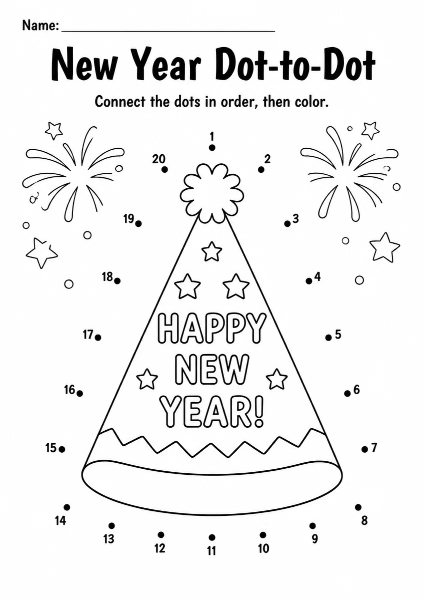 New Year dot-to-dot worksheet for Grade 1