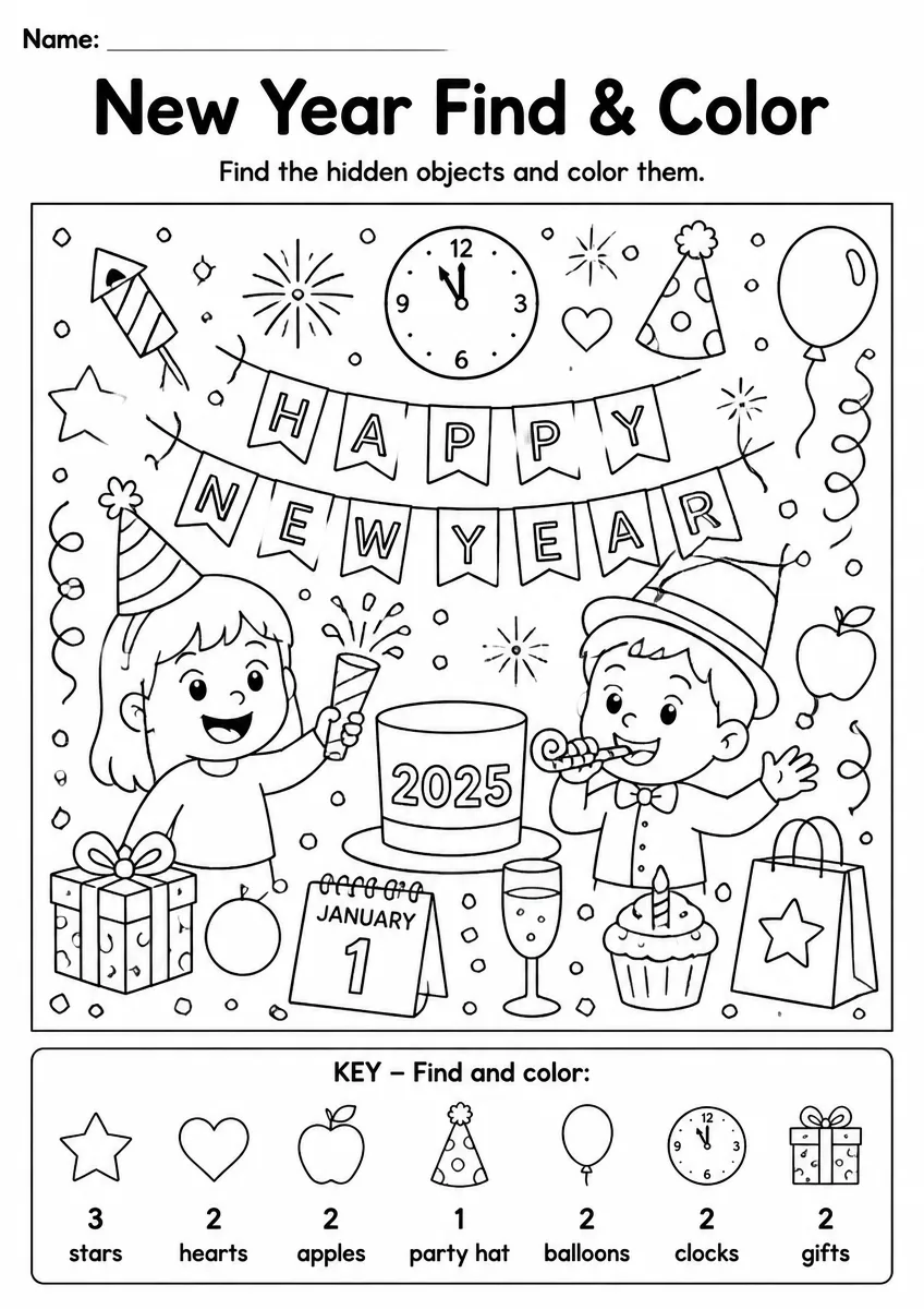 New Year find & color worksheet for Grade 1
