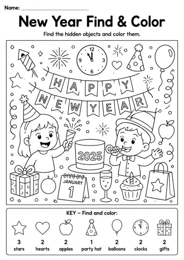 New Year Find & Color — Grade 1