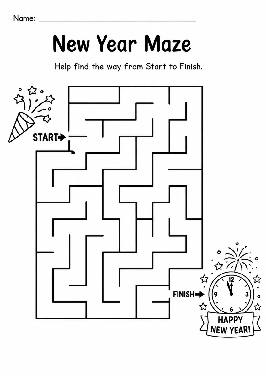 New Year maze worksheet for Grade 1