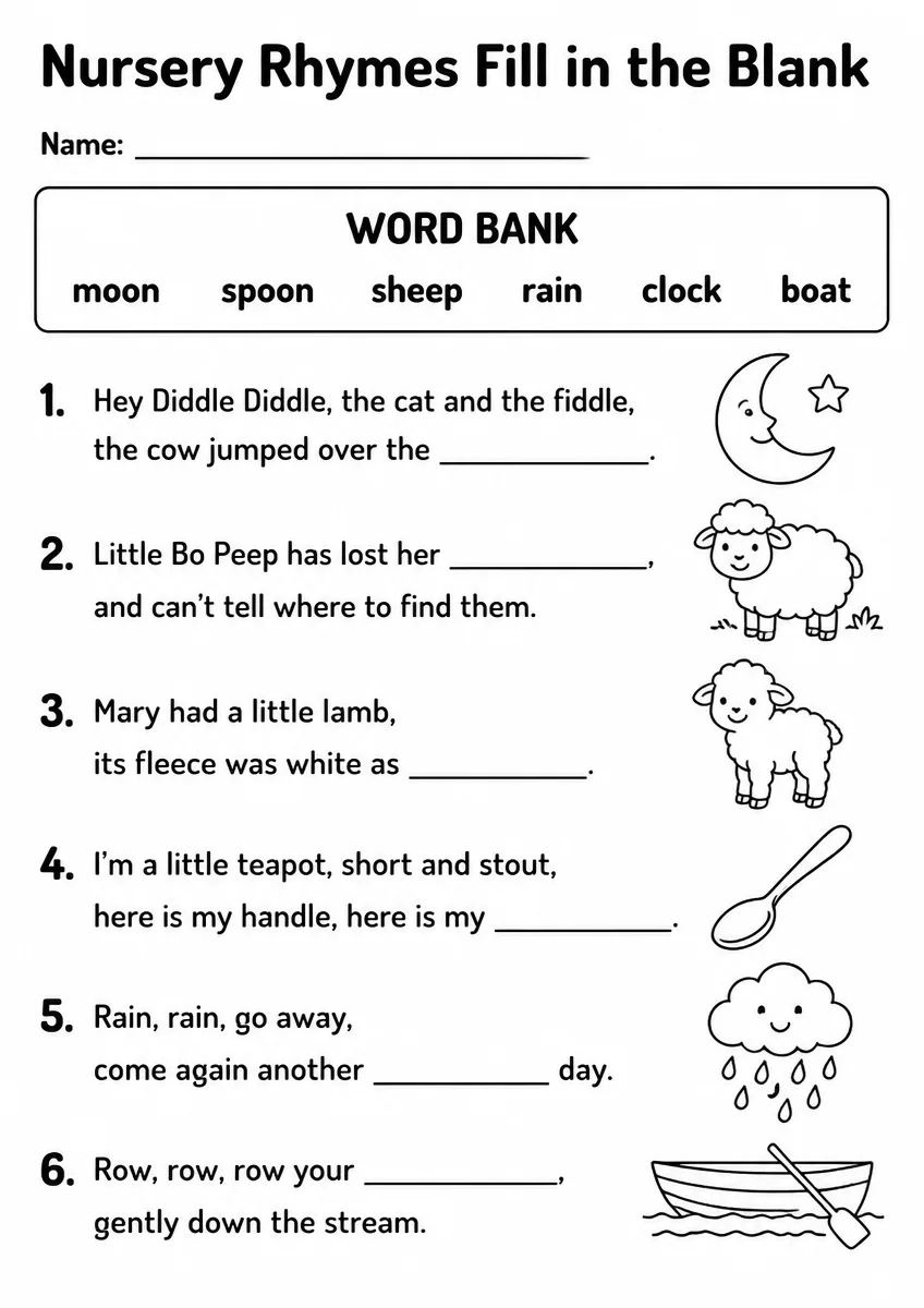 Nursery Rhymes fill in the blank worksheet for Grade 1