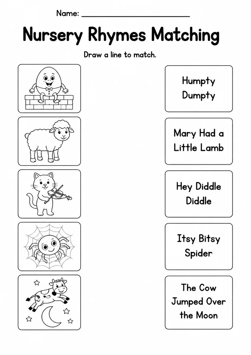 Nursery Rhymes matching worksheet for Grade 1