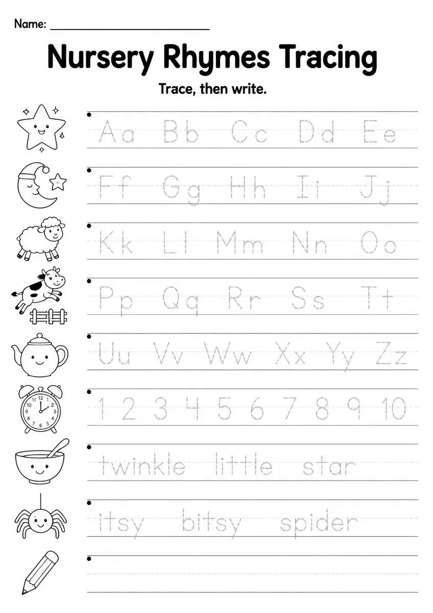 Nursery Rhymes tracing worksheet for Grade 2