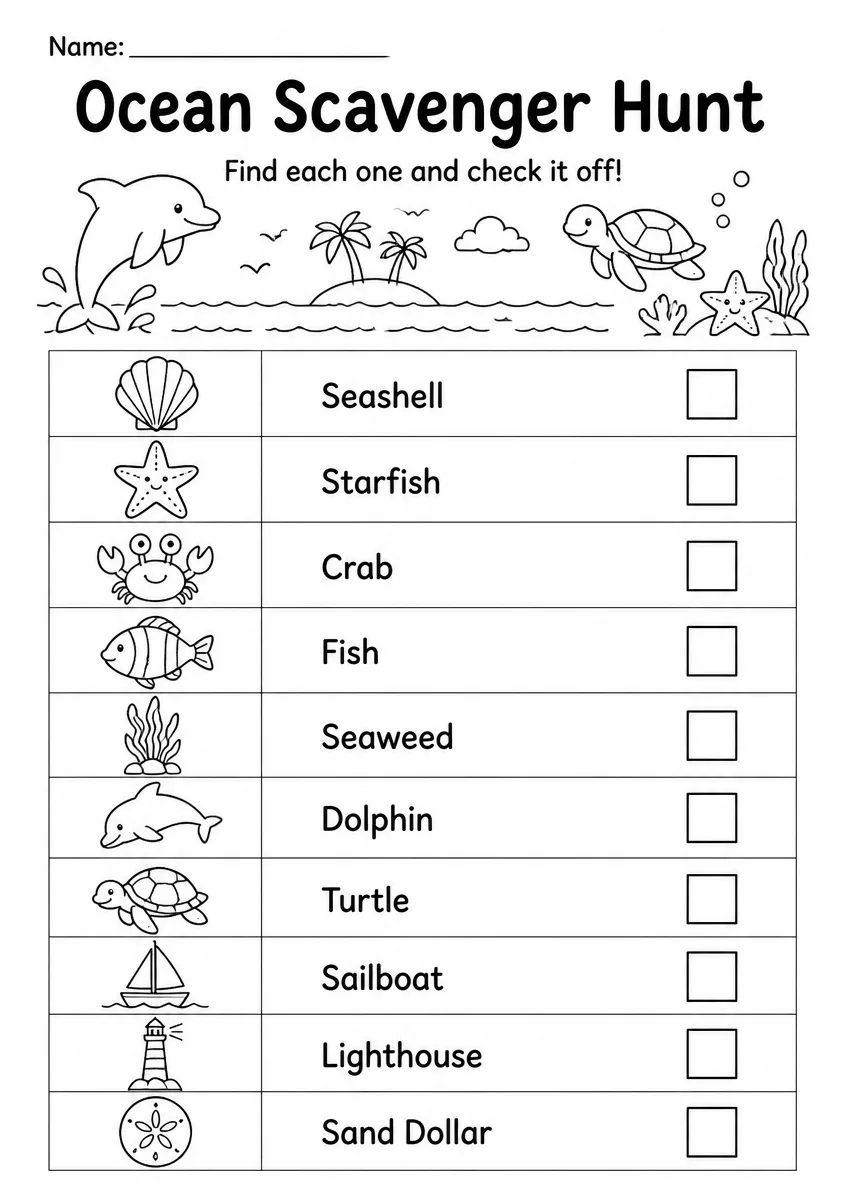 Ocean scavenger hunt worksheet for Grade 1