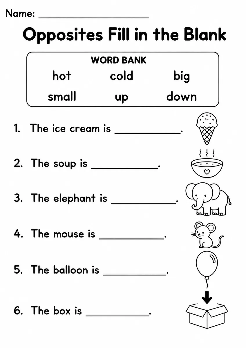 Opposites fill in the blank worksheet for Kindergarten