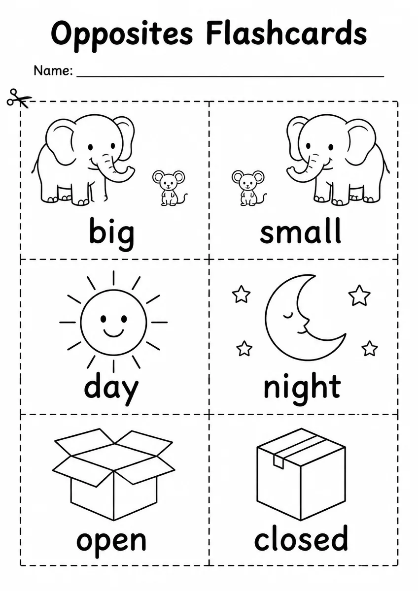 Opposites flashcards worksheet for Kindergarten
