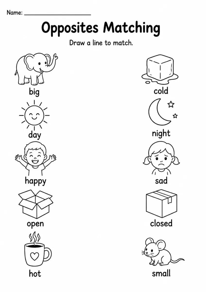 Opposites matching worksheet for Kindergarten