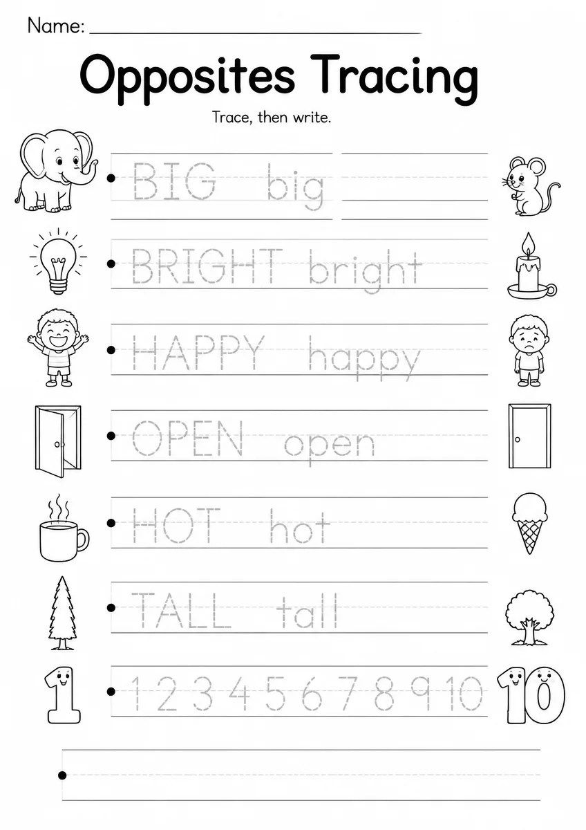 Opposites tracing worksheet for Kindergarten