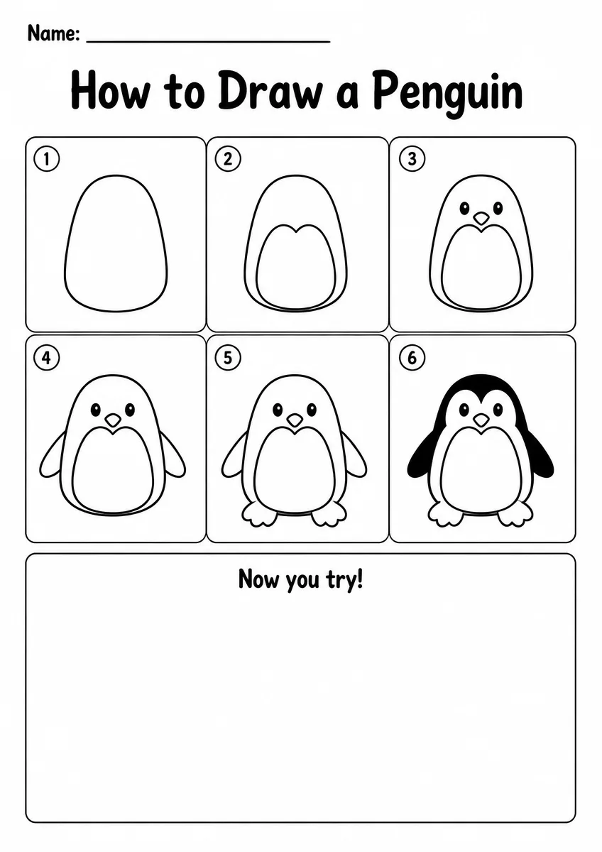 Penguin step-by-step drawing worksheet for Kindergarten