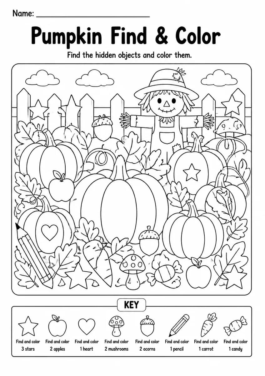 Pumpkin find & color worksheet for Grade 2