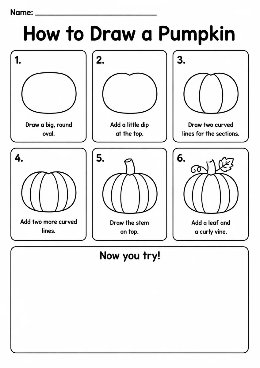 Pumpkin step-by-step drawing worksheet for Grade 2