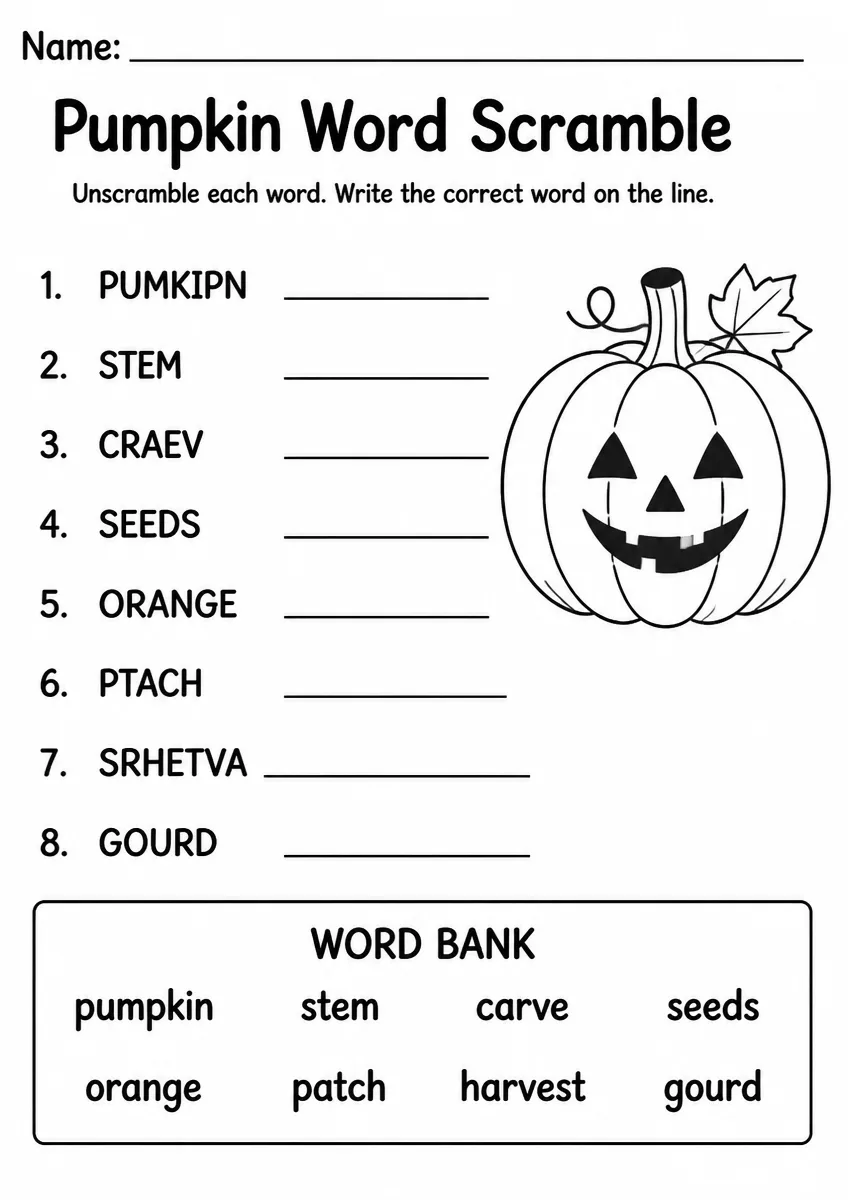Pumpkin word scramble worksheet for Grade 2