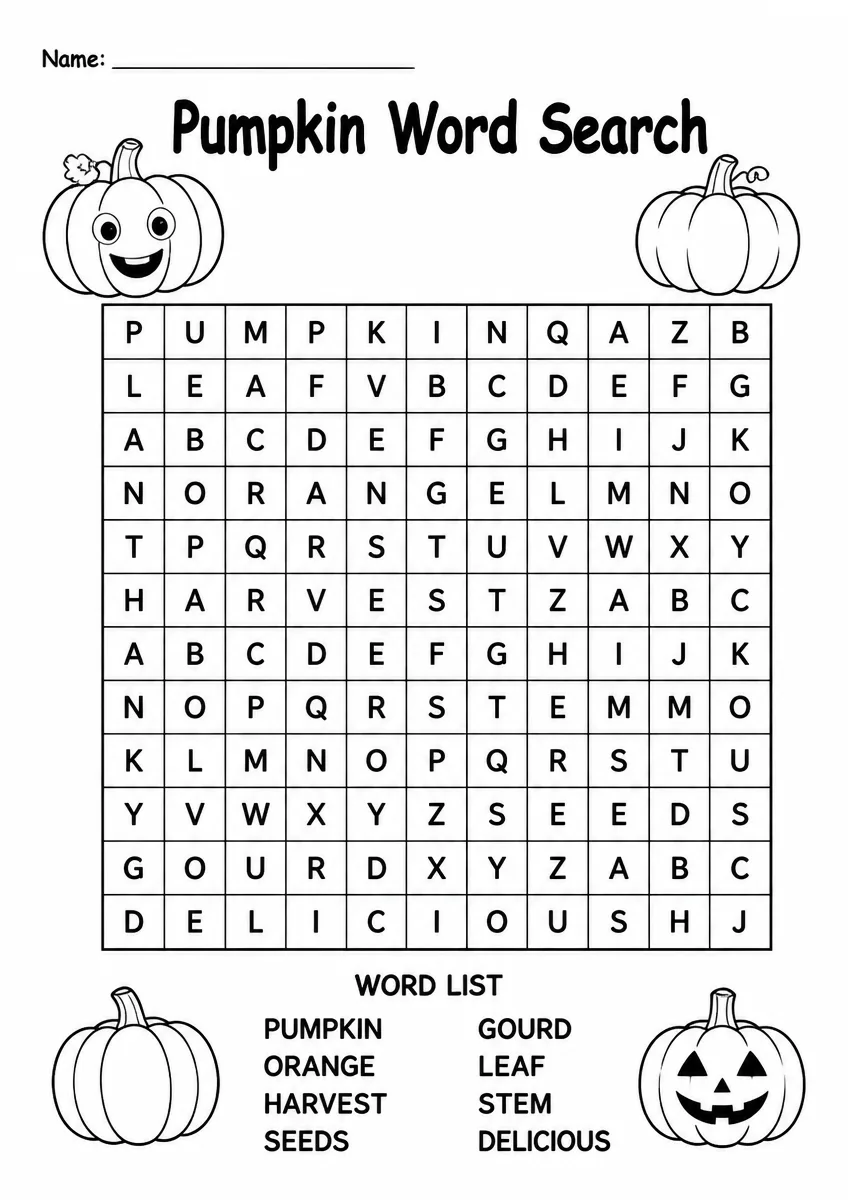 Pumpkin word search worksheet for Grade 2
