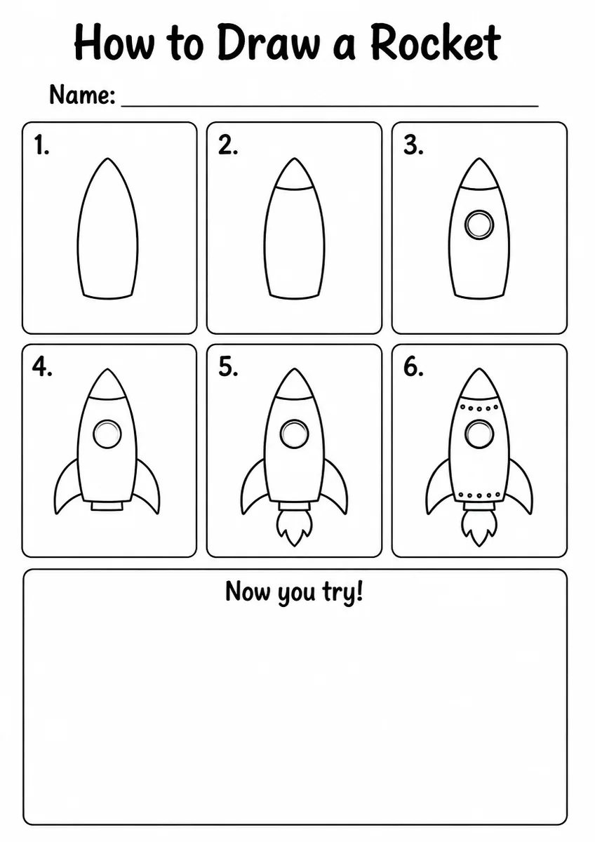 Rocket step-by-step drawing worksheet for Kindergarten