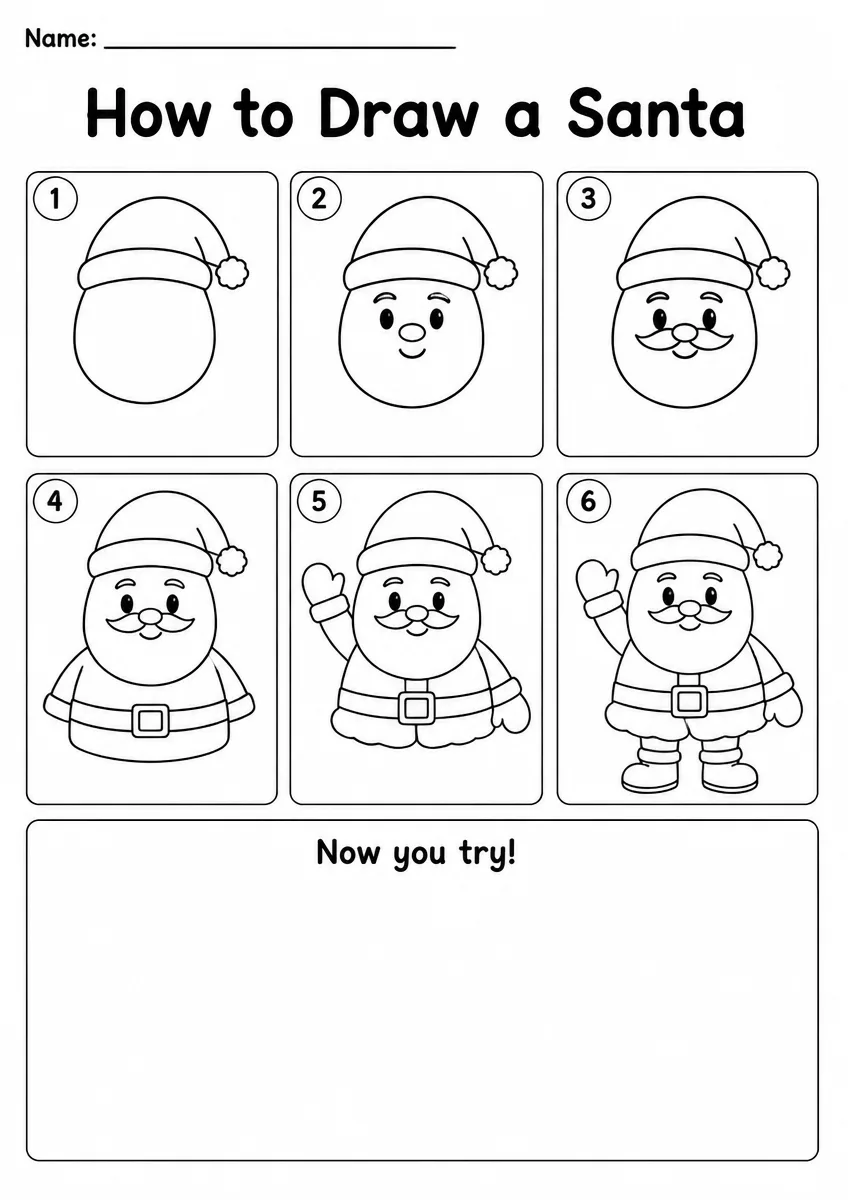 Santa step-by-step drawing worksheet for Kindergarten