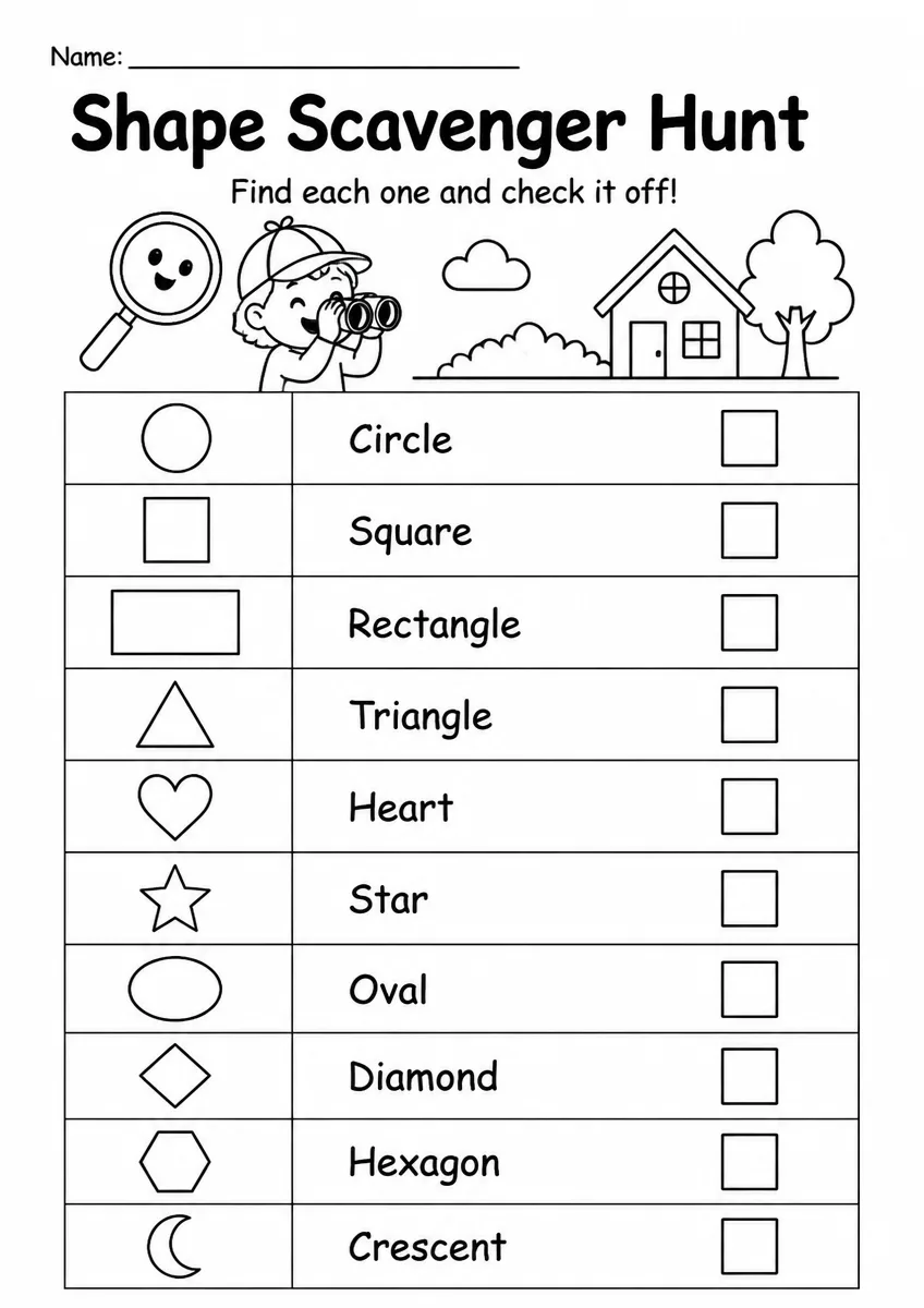 Shape scavenger hunt worksheet for Grade 1
