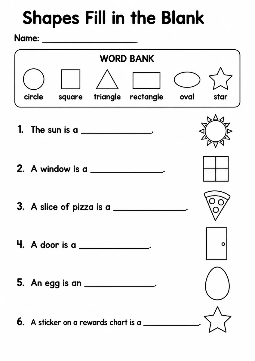 Shapes fill in the blank worksheet for Grade 1