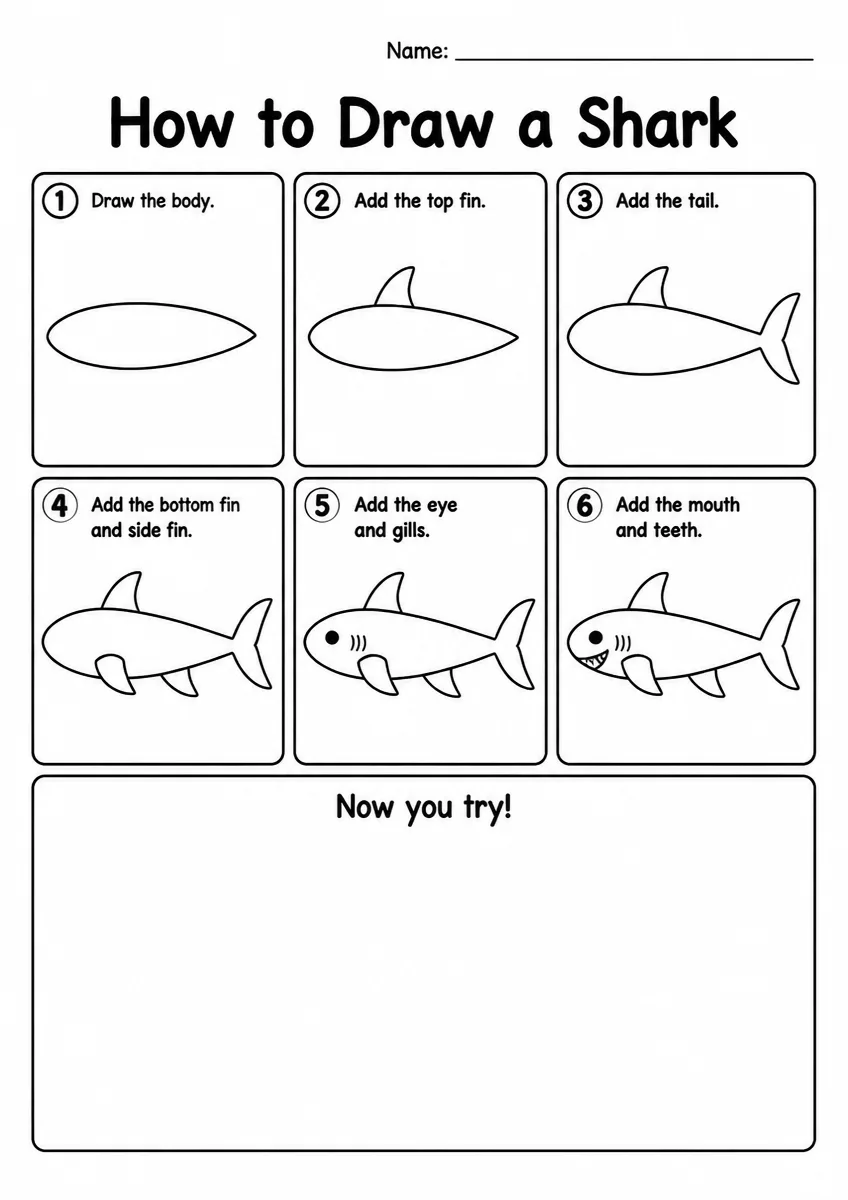 Shark step-by-step drawing worksheet for Grade 2