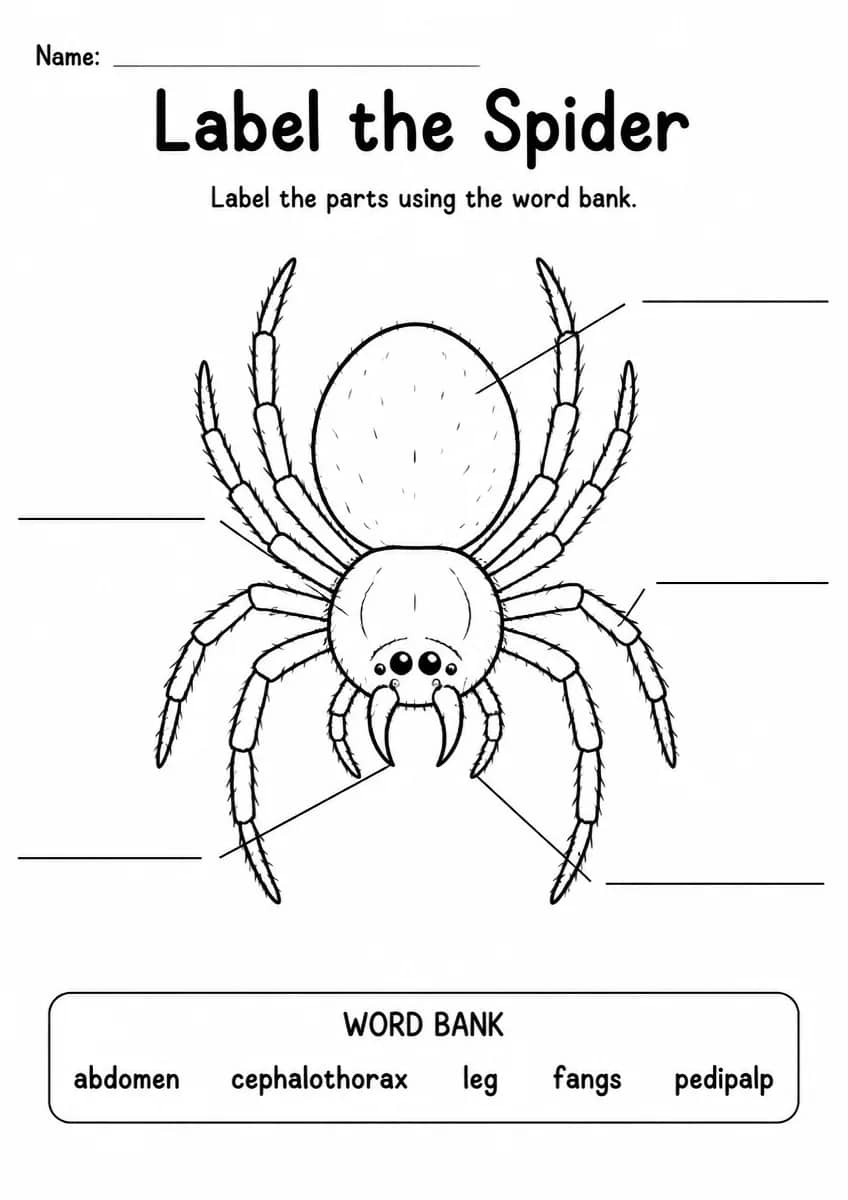 Spider label the diagram worksheet for Grade 2