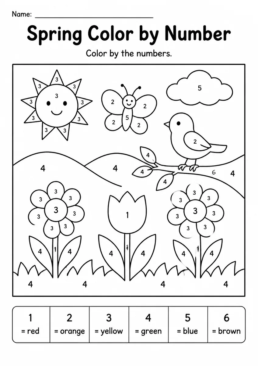 Spring color by number worksheet for Grade 3