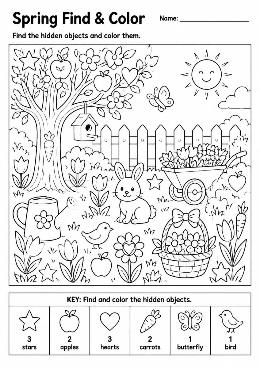 Spring find & color worksheet for Grade 3
