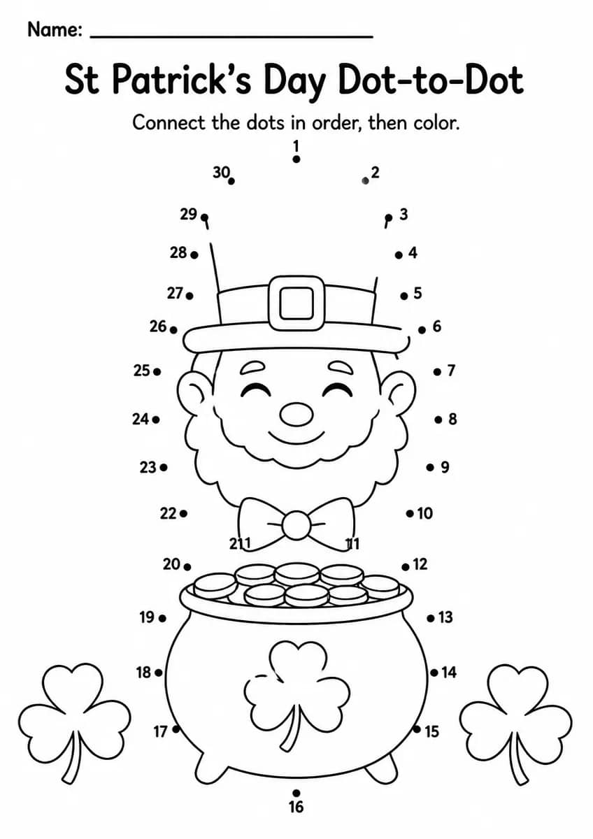 St Patrick's Day dot-to-dot worksheet for Grade 3