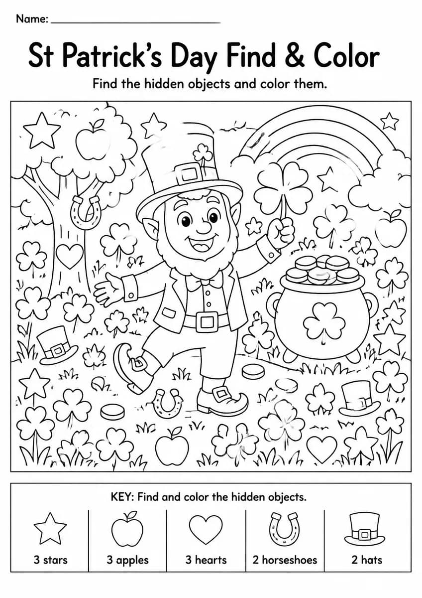 St Patrick's Day find & color worksheet for Grade 3