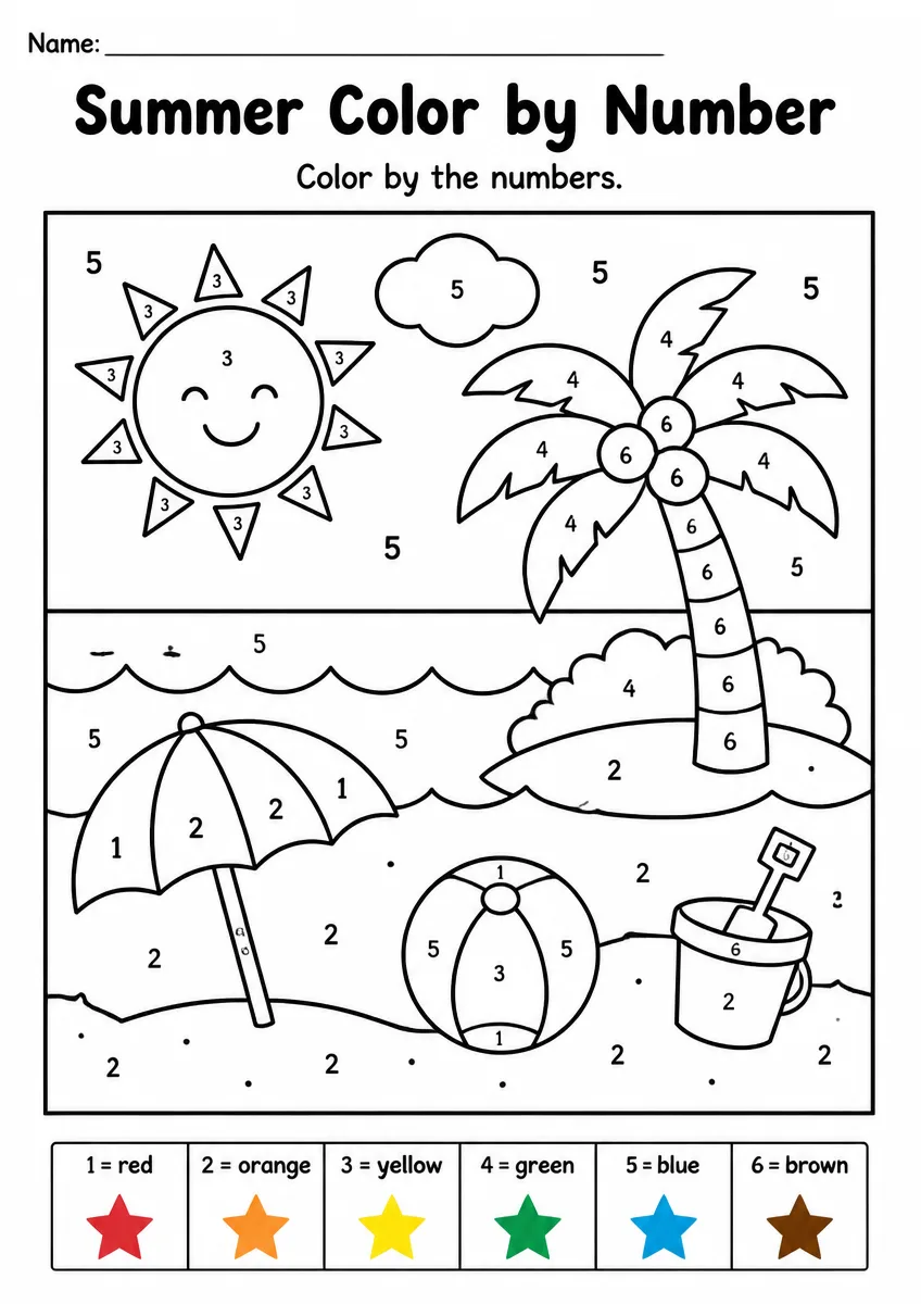 Summer color by number worksheet for Grade 2