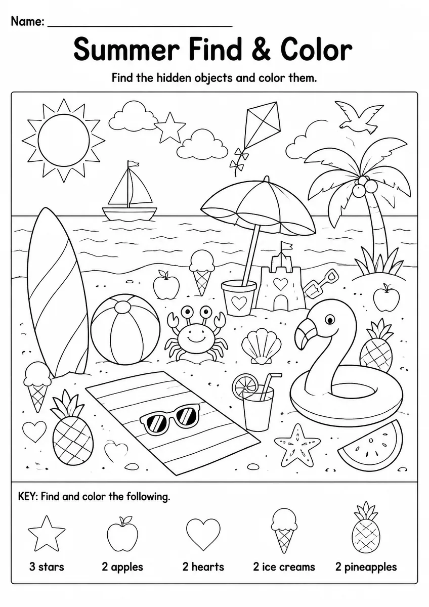 Summer find & color worksheet for Grade 2