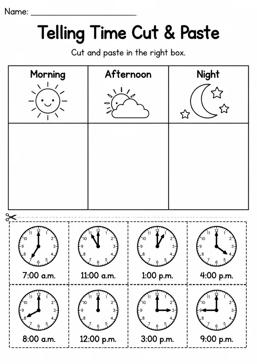 Telling Time cut & paste worksheet for Kindergarten