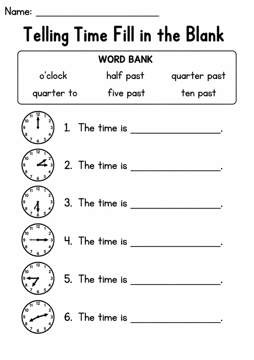 Telling Time fill in the blank worksheet for Kindergarten